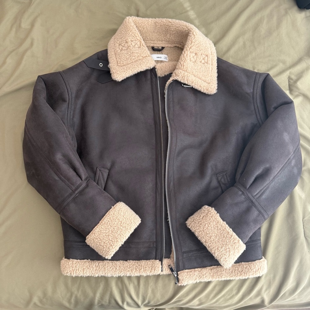 Mango Brown Shearling Jacket with Cream Collar